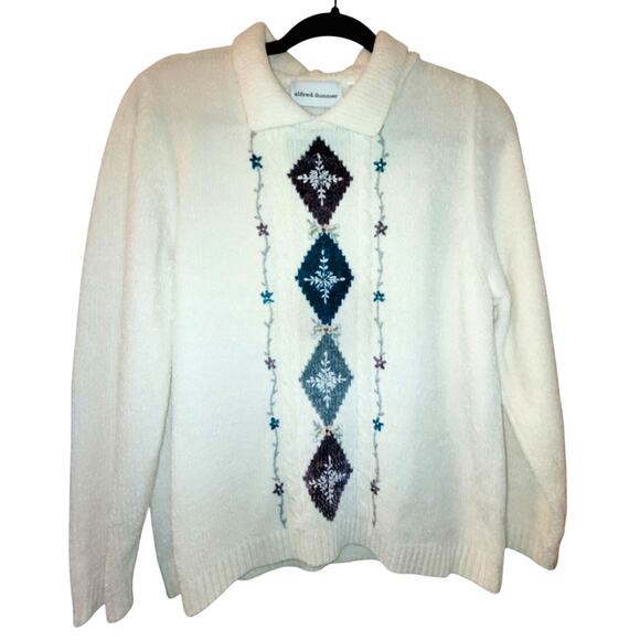 Vtg Womens Floral Embroidered Sweater Coquette Preppy School Girl Large Collar M - Picture 1 of 9